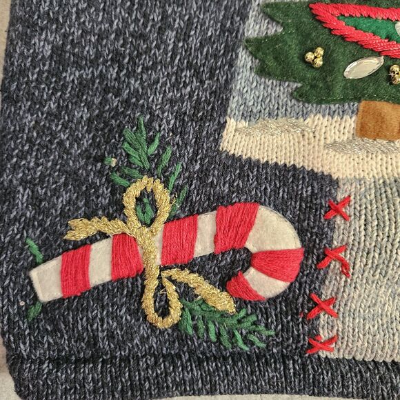 Vtg Christmas Cardigan Festive Knit Sweater Sz L Embroider Patchwork Cottagecore - Picture 11 of 16